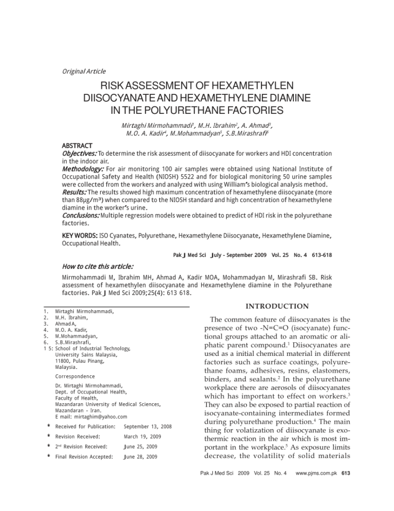 Risk assessment of hexamethylen diisocyanate and hexamethylene diamine in the polyurethane factories